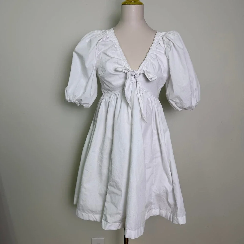 Abercrombie & Fitch White Puff Sleeve Tie-Front Mini Dress Small Tall (ST)